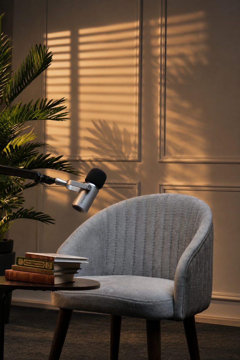 Toshkentdagi foyda.studio kontent studiyasi — klassik panel foni: jalyuzi soyalari tushgan devor, kreslo va podkast mikrofoni